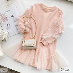 Girls Tulle Floral Peach Pink Sweatshirt Dress, sizes 3 and 5